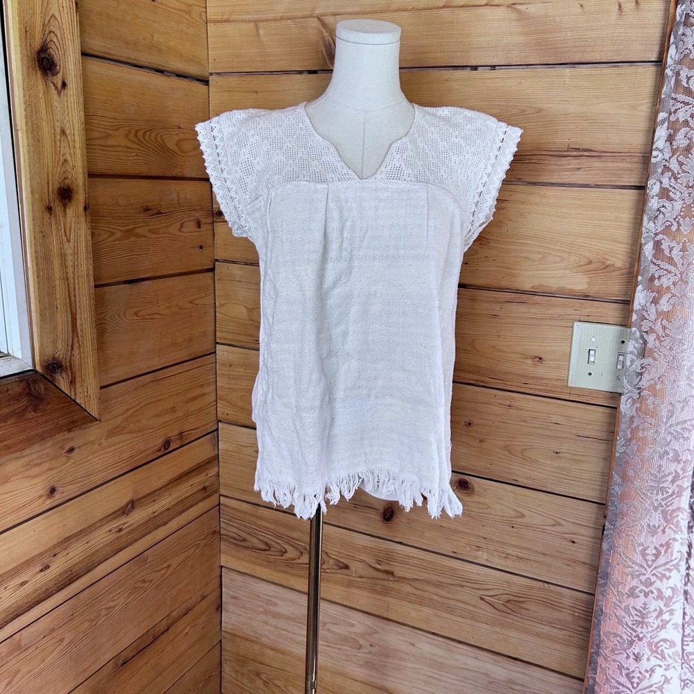 Vintage Blouse Women Large White Raw Cotton Tunic Crochet Lace Fringe Handmade